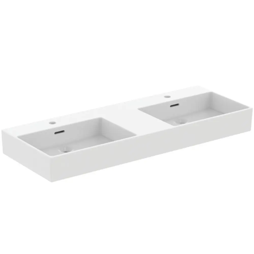 Doppelwaschtisch von Ideal Standard in Seidenweiß mit zwei integrierten Waschbecken und Ablagefläche, geeignet für Wandmontage.